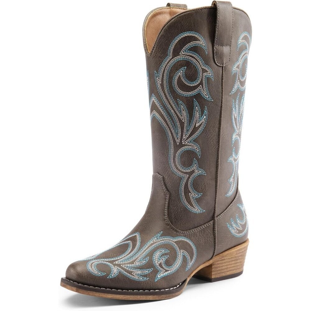Women's Brown Mid Calf Cowgirl Square Toe Chunky Embroidery Stitched Boots